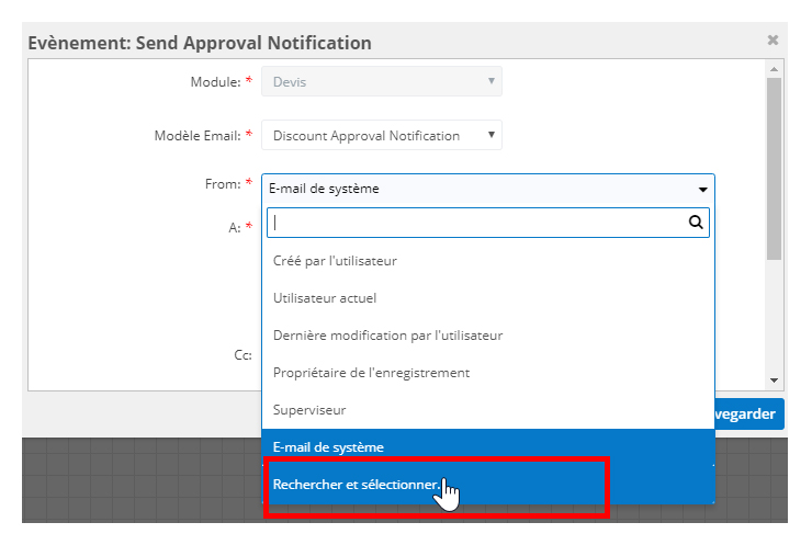 configuration d'un évènement sur SugarBPM Sugar 9.2