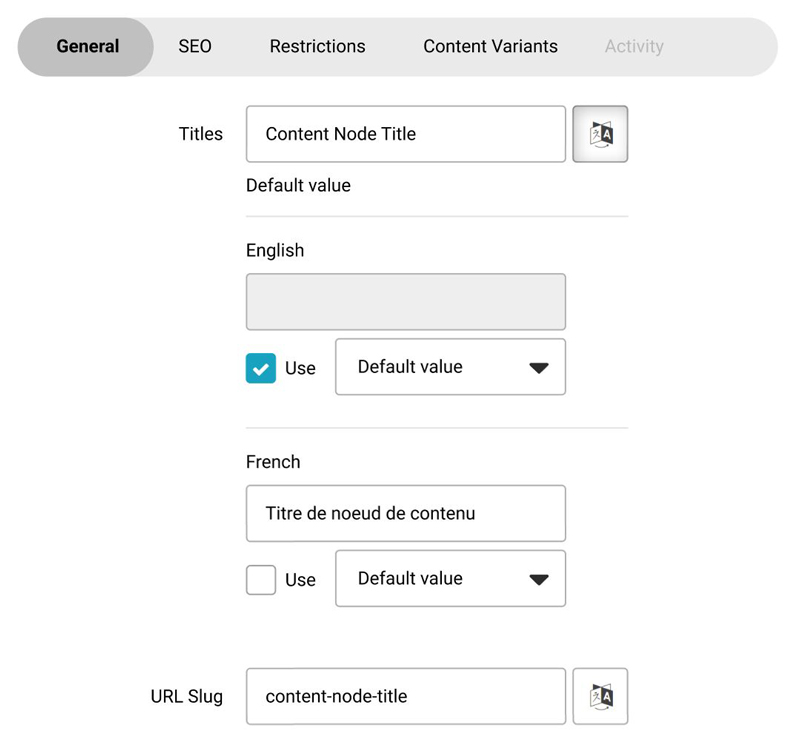 Détails de l'onglet Général des noeuds du webcatalogue OroCommerce