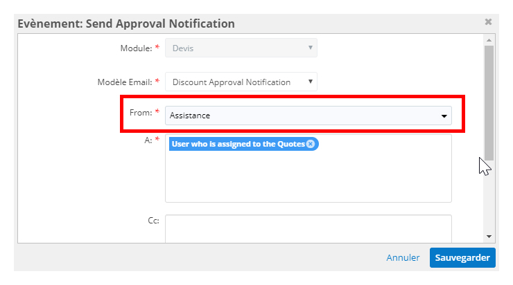 configuration d'un évènement sur SugarBPM Sugar 9.2