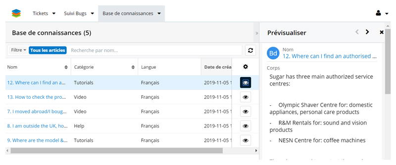 Option de visualisation des enregistrements Sugar 9.2