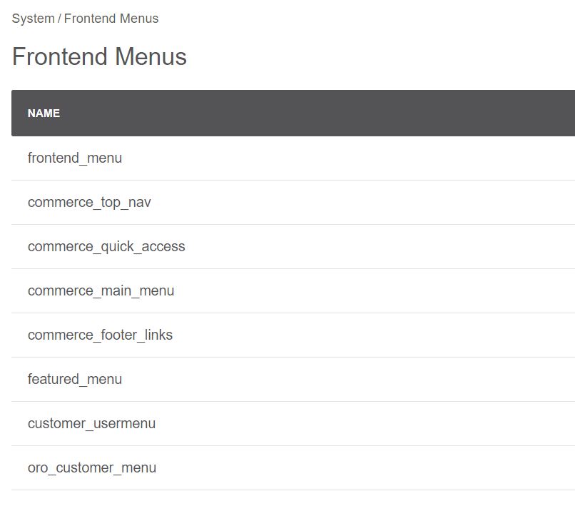 Exemple d'une liste des front-end-menus dans le back office OroCommerce