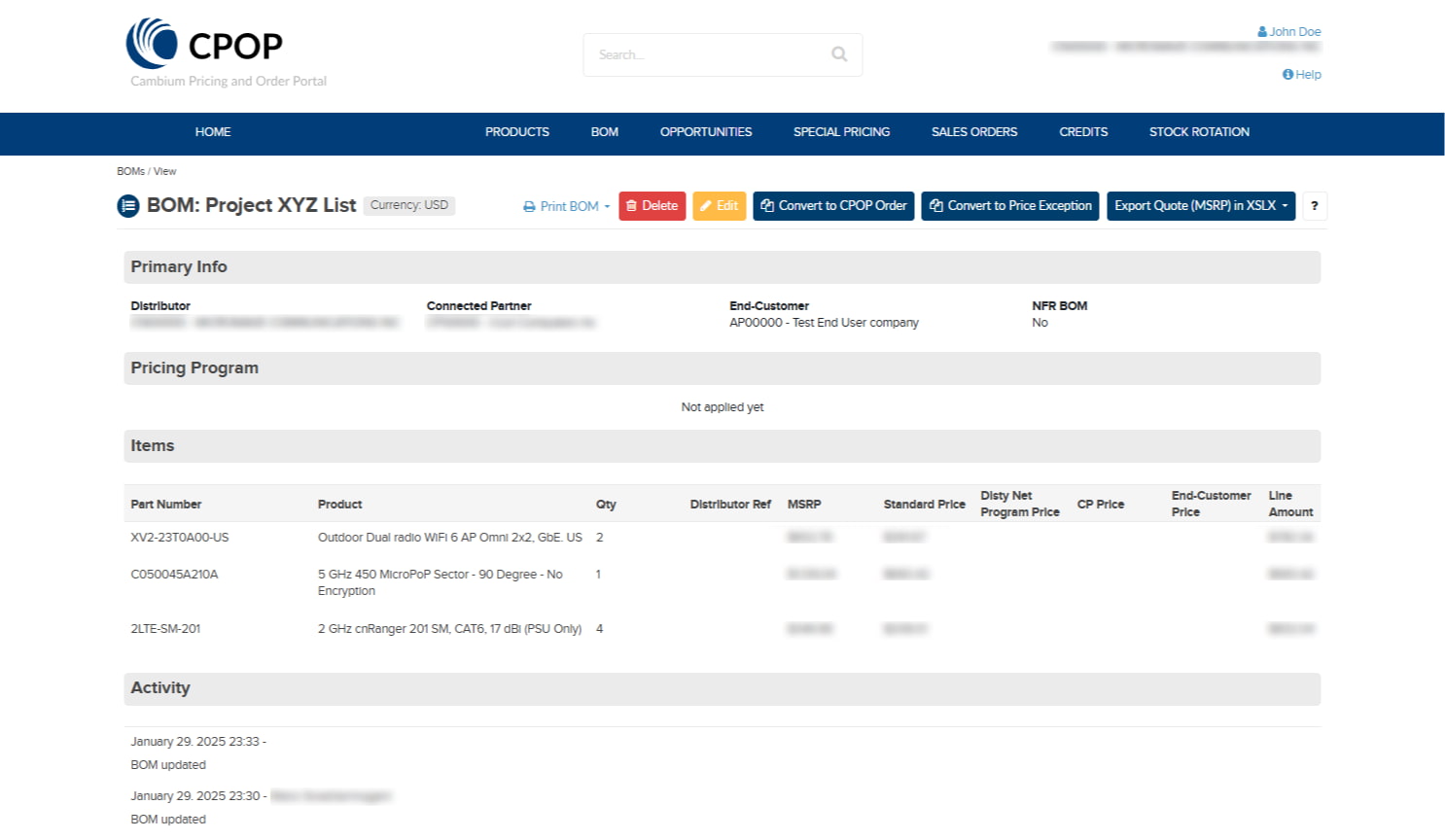 Cambium Networks - Front-end BOM view