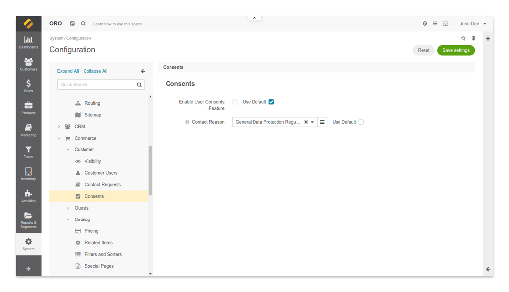 Vue Configuration dashboard Oro