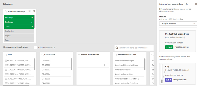 Associative insights ou Informations associatives interface Qlik Sense