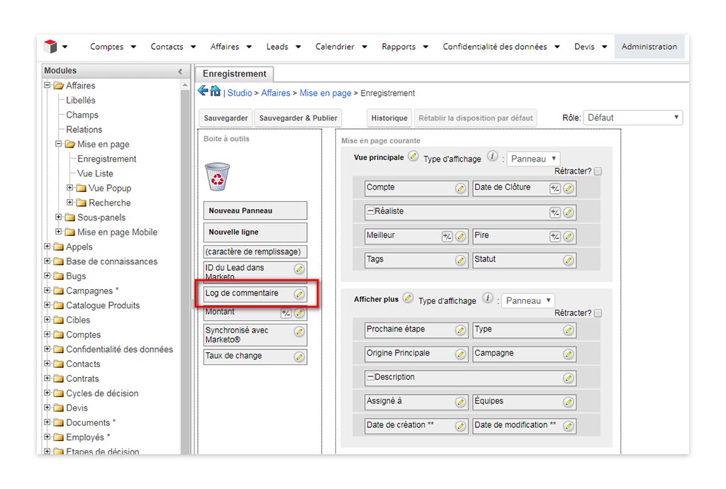 Sugar CRM 8.3, module de commentaire