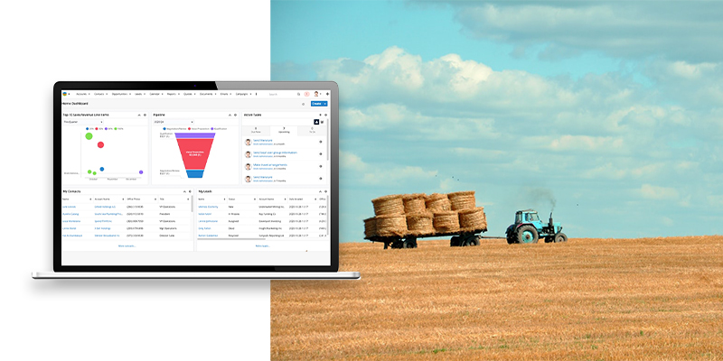 Interface sugarCRM et agriculteur dans un champ