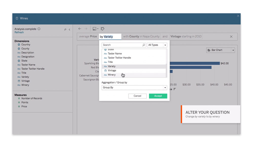 Autre exemple d'informations dans l'interface de Tableau