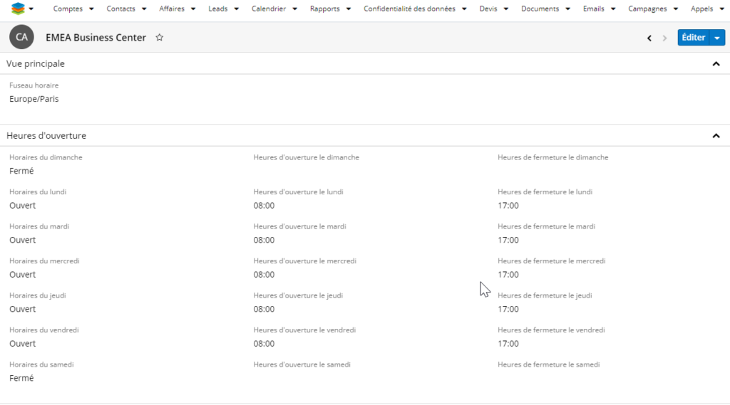 Interface du module Business Center