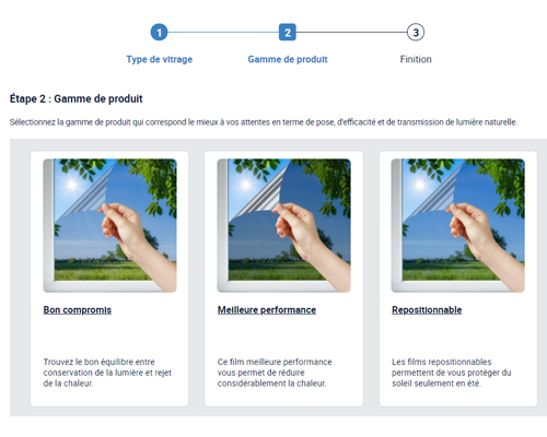 Sélection d'une gamme de produit sur le site Film pour vitre