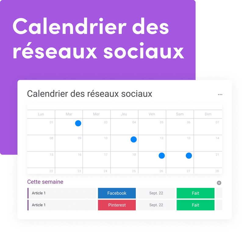 dashboard monday.com calendrier des réseaux sociaux