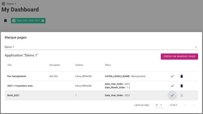 Interface de paramétrage des filtres favoris sur le portail analytique