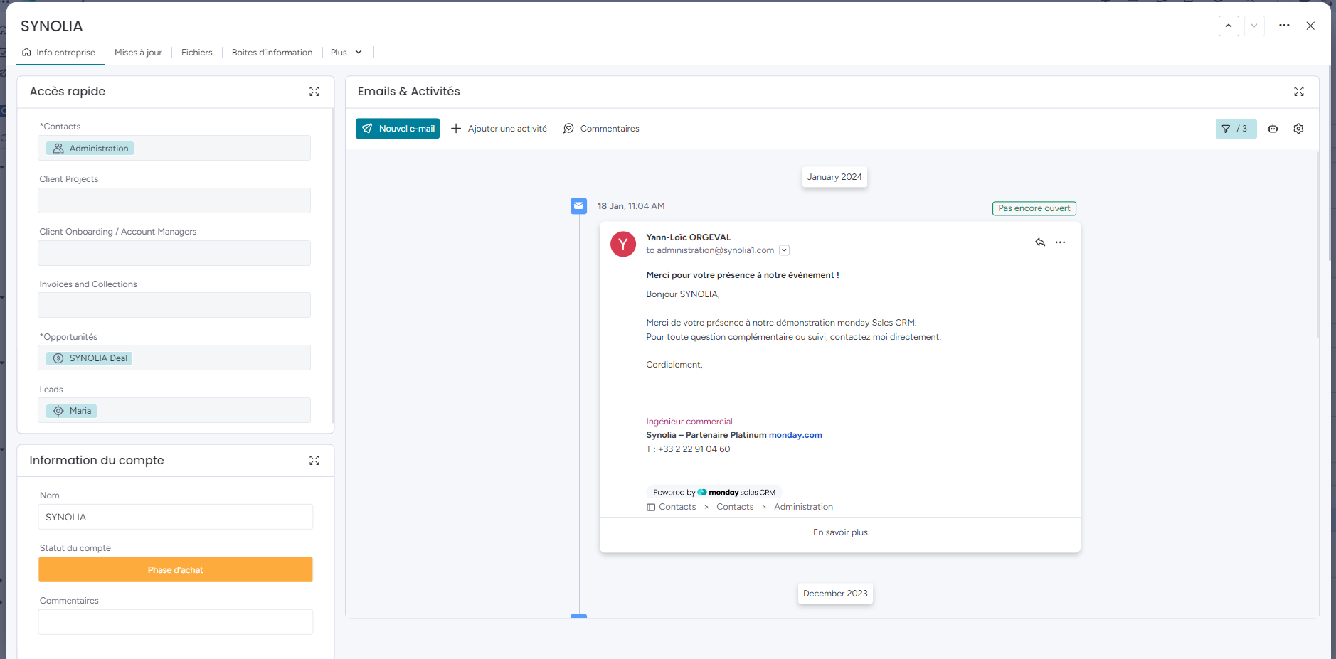 Emails & activités - par Synolia partenaire monday