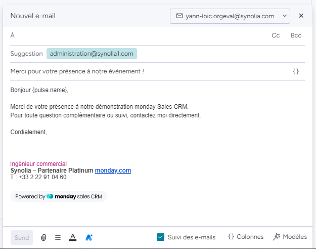 Emails & activités - par Synolia partenaire monday