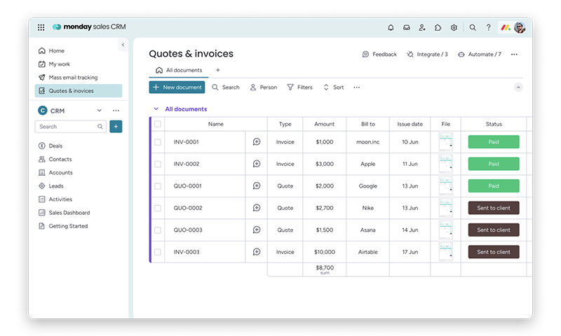 Visuel du module Devis & Factures dans monday CRM