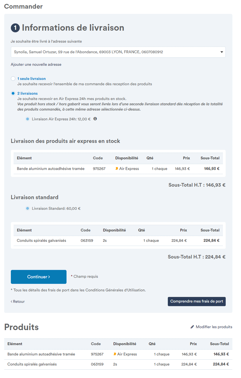 Fenêtre d'informations de livraison avec différents mode de livraison appliqués aux produits