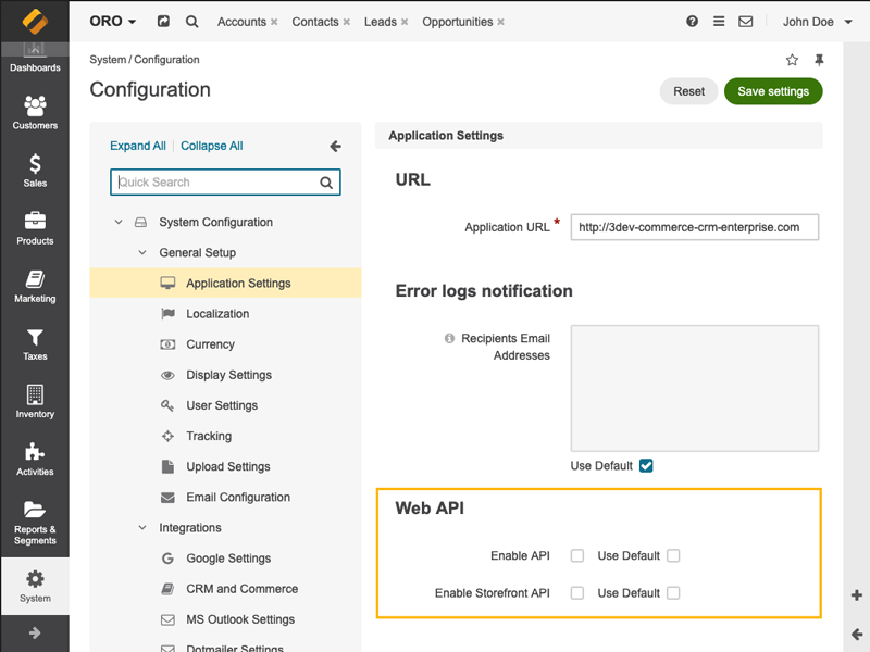 Panneau de configuration Web API