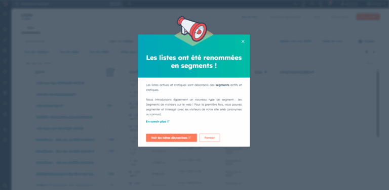 Capture d'écran HubSpot : Les listes deviennent des segments