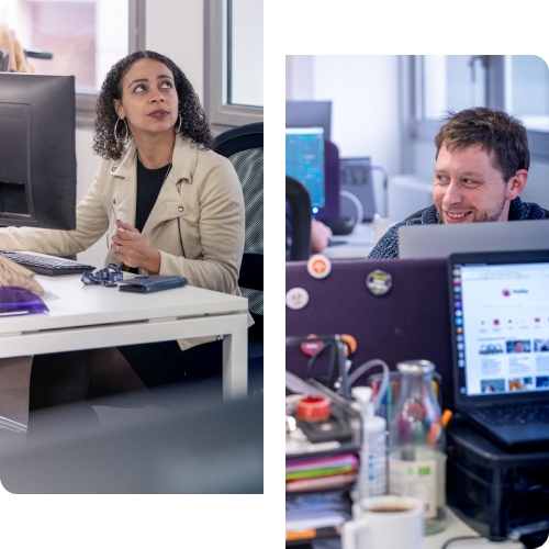 Marine, desarrolladora front-end en el equipo de comercio electrónico de Lyon, Francia, y Jibé, desarrollador back-end en Burdeos, Francia.