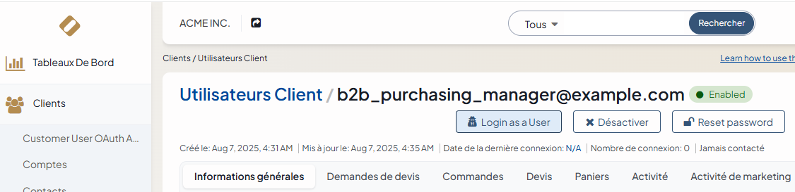 Connexion « en tant que » client depuis le back-office OroCommerce