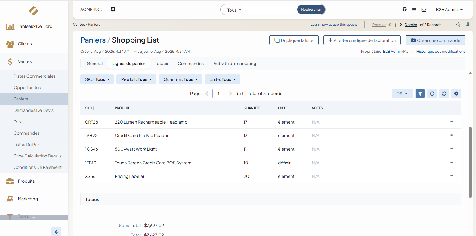 Visualisation du panier d'un acheteur depuis le back-office OroCommerce