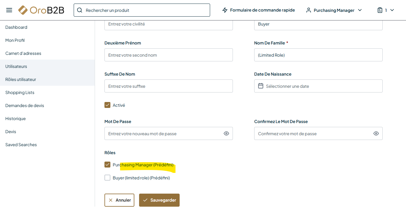 Paramétrage des rôles utilisateurs par un admin client dans le portail client BtoB OroCommerce